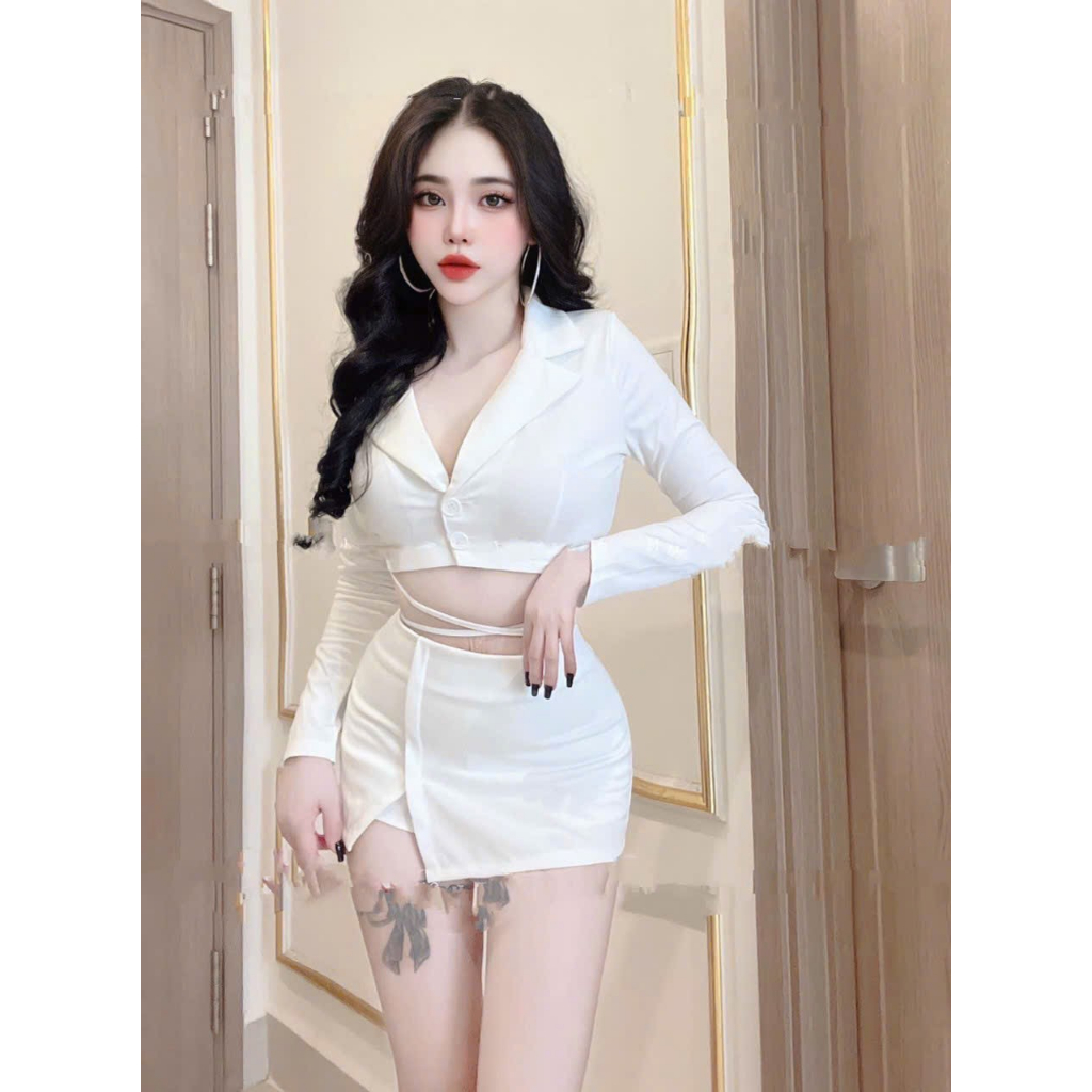 Set Bộ Vest Kèm Chân Váy Chéo Eo Tay Dài Sang Chảnh, Chất Vải Cotton Lạnh Dày Dặn, Thiết Kế Freesize 40-53kg