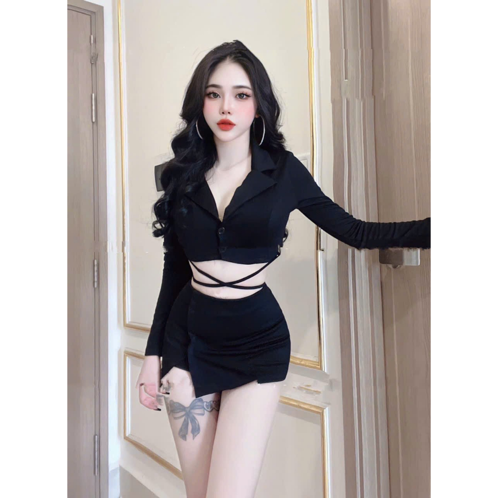 Set Bộ Vest Kèm Chân Váy Chéo Eo Tay Dài Sang Chảnh, Chất Vải Cotton Lạnh Dày Dặn, Thiết Kế Freesize 40-53kg