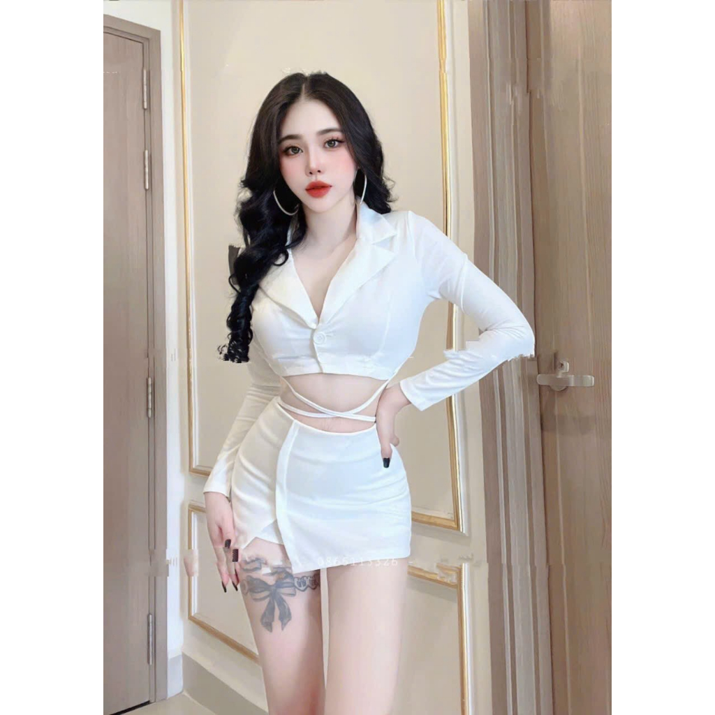 Set Bộ Vest Kèm Chân Váy Chéo Eo Tay Dài Sang Chảnh, Chất Vải Cotton Lạnh Dày Dặn, Thiết Kế Freesize 40-53kg