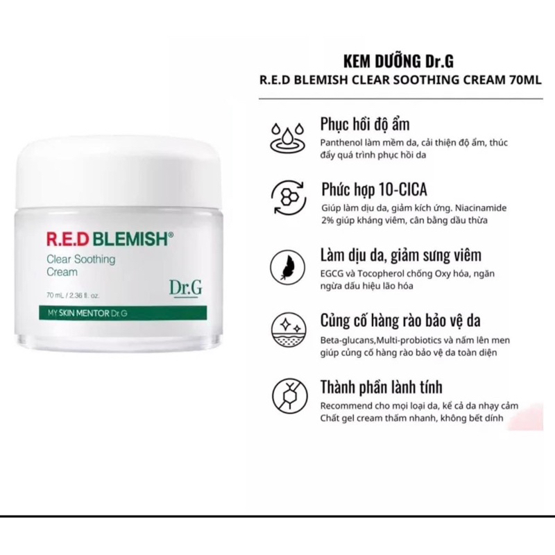 Kem dưỡng cho da dầu mụn DrG Dr.G Red Blemish cica soothing cream 70ml