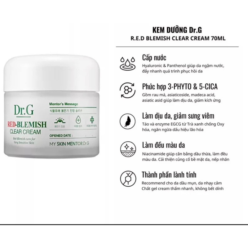 Kem dưỡng cho da dầu mụn DrG Dr.G Red Blemish cica soothing cream 70ml