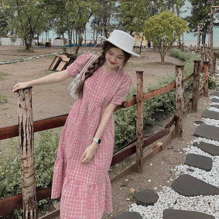 Đầm Thời Trang Nữ Tay Ngắn Trơn Chất Vải Caro Phồng Đuôi Cá Mặc Đi Chơi Siêu Dễ Thương,
