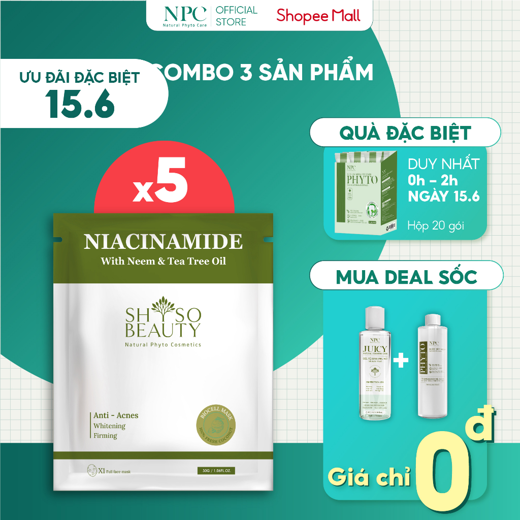 Hộp 5 miếng mặt nạ SHSO Beauty Biocell Niacinamide 4% dành cho da mụn, chiết xuất lá Neem và tinh dầu tràm