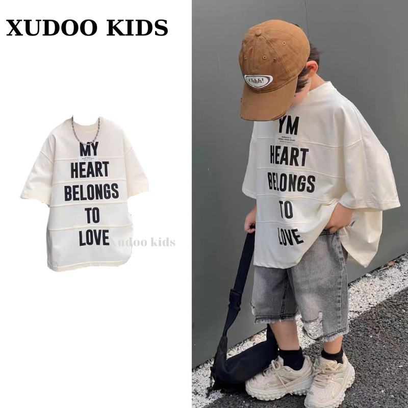 Áo Thun Ngắn Tay Cho Bé Trai, Phong Cách Hàn Quốc Mới Với Bảng Chữ Cái Đơn Giản, Cotton Mềm Mại Thoáng Mát - XUDOO KIDS