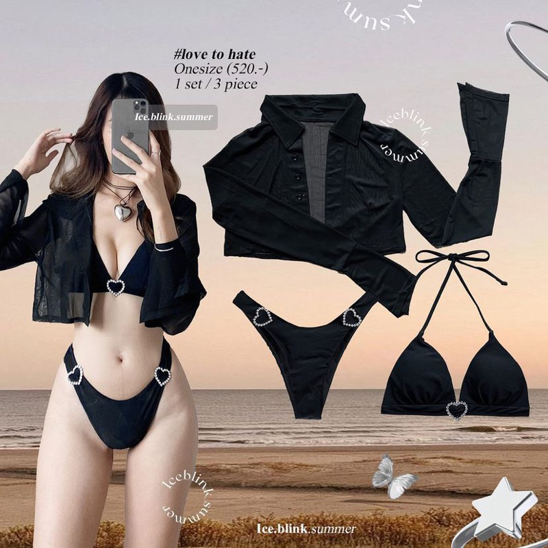 SET BIKINI BA MẢNH ĐEN TRÁI TIM ÁO KHOÁC
