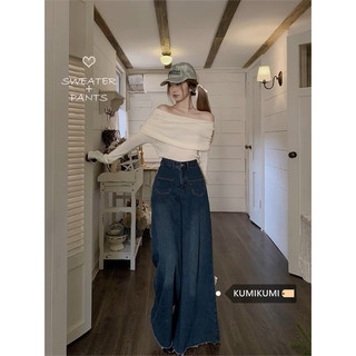 Set ulzzang áo len tay dài trễ vai sang trọng và quần jeans ống rộng