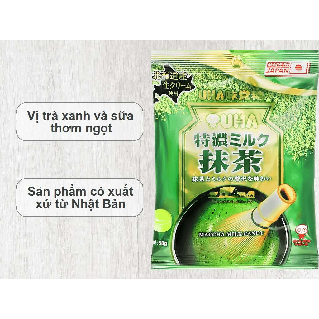 Kẹo trà xanh sữa Uha Tokuno Nhật Bản gói 58g