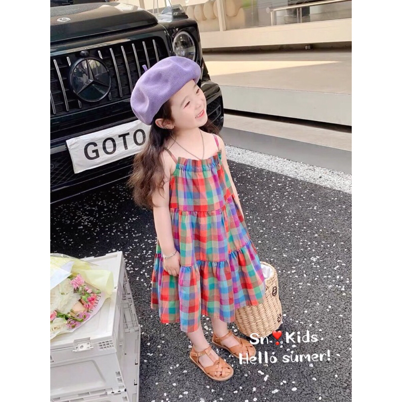(10-30kg) váy maxi 2 dây caro đi biển đi chơi bé gái