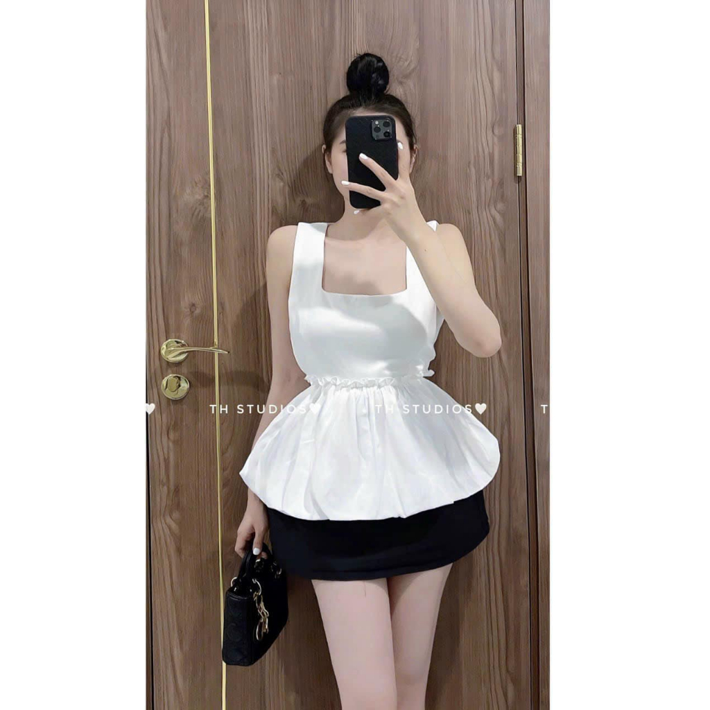 Áo cổ vuông 2 dây bản to gấu phồng 2 lớp (kèm ảnh thật và video)