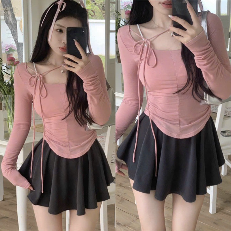 Set Bộ Áo Thun Hồng Tay Dài Cổ Tròn Dây Thắt Nơ + Váy Xoè Bồng