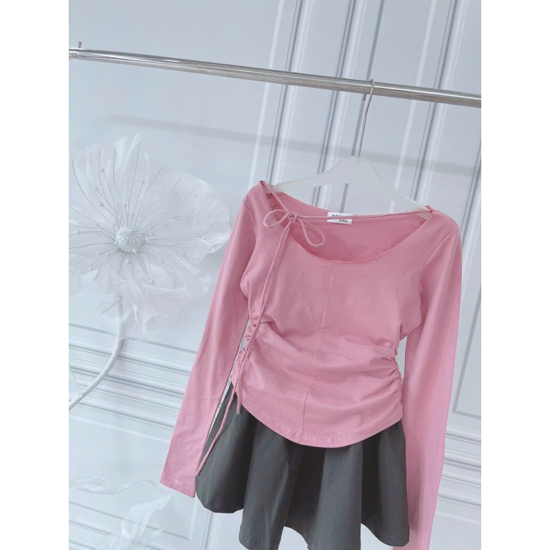 Set Bộ Áo Thun Hồng Tay Dài Cổ Tròn Dây Thắt Nơ + Váy Xoè Bồng