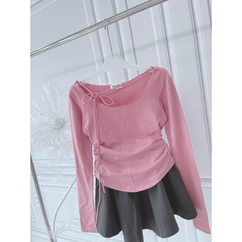 Set Bộ Áo Thun Hồng Tay Dài Cổ Tròn Dây Thắt Nơ + Váy Xoè Bồng