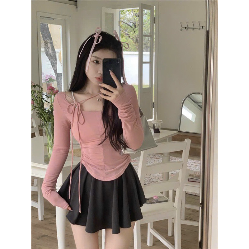 Set Bộ Áo Thun Hồng Tay Dài Cổ Tròn Dây Thắt Nơ + Váy Xoè Bồng