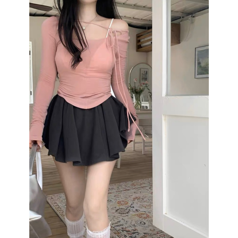 Set Bộ Áo Thun Hồng Tay Dài Cổ Tròn Dây Thắt Nơ + Váy Xoè Bồng