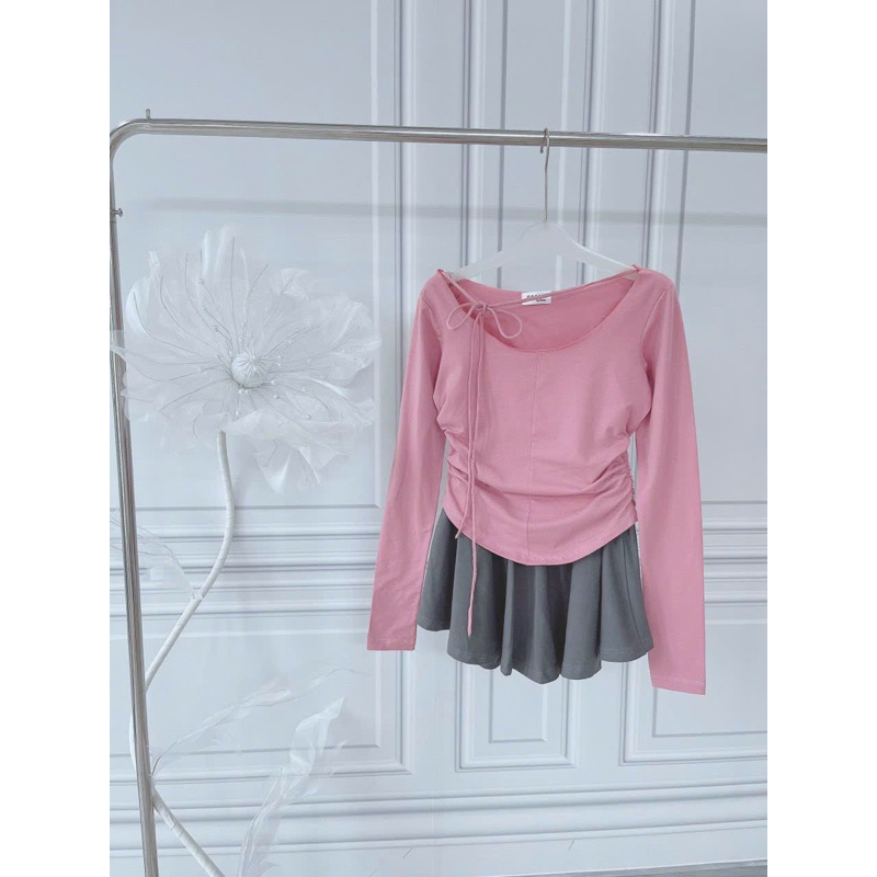 Set Bộ Áo Thun Hồng Tay Dài Cổ Tròn Dây Thắt Nơ + Váy Xoè Bồng