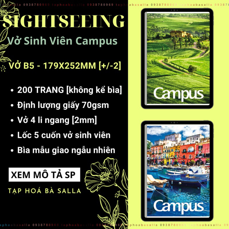 Lốc 5 Quyển Tập sinh viên 4 ly ngang Campus SIGHTSEEING 200 Trang