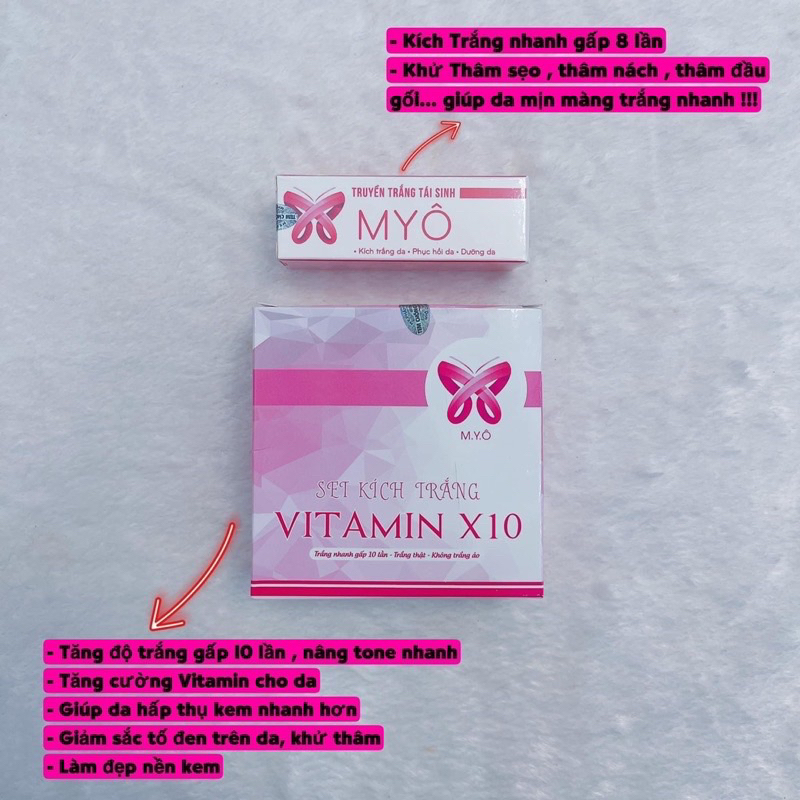 [Chính hãng] SÉT COMBO TRUYỀN TRẮNG +KÍCH TRẮNG VITAMIN X10 MYO (pha kem body giúp trắng nhanh)