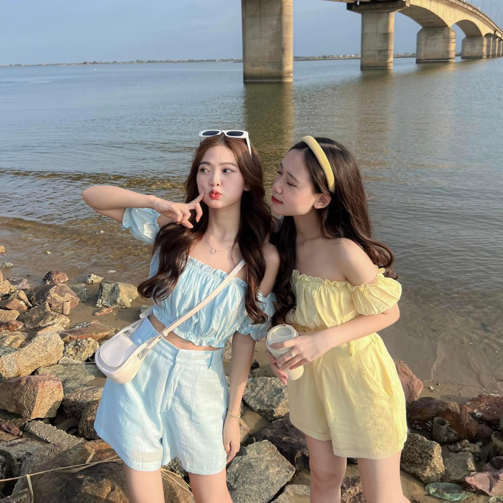 Set áo trễ vai crotop mix quần sooc lụa kèm ảnh thật