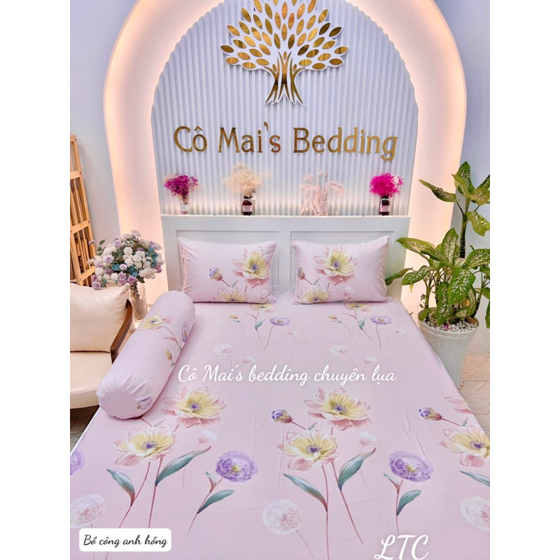 Bộ Ga Giường Lụa Tencel  - Bồ Công Anh Hồng, Chống nhăn - kháng khuẩn - mềm mịn mát
