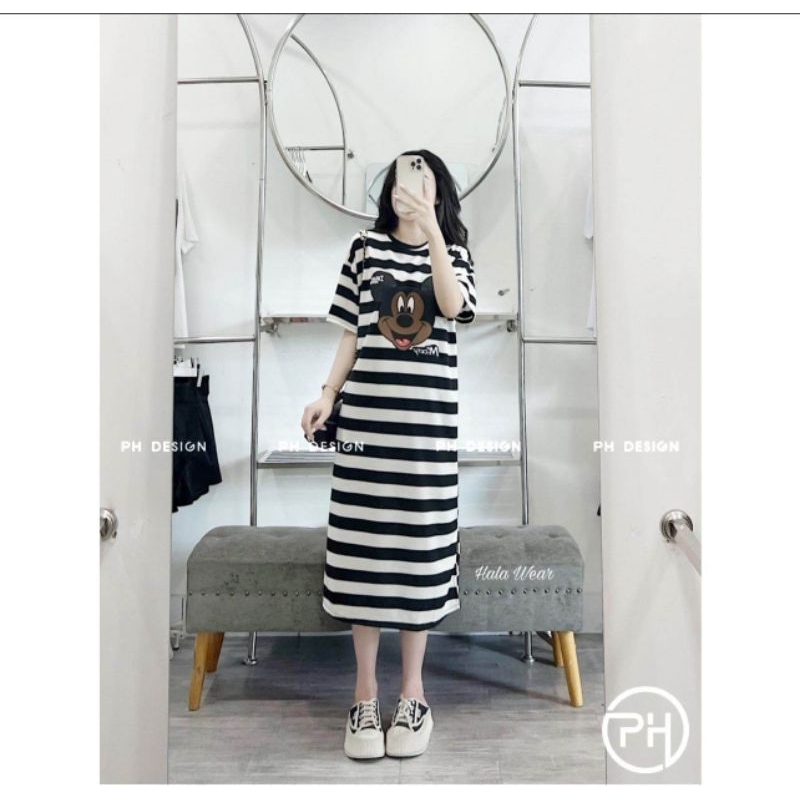 Váy suông kẻ mickey