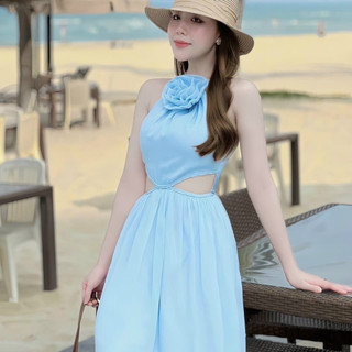 Đầm lụa khoét eo phối bông cổ dáng dài cho nàng đi biển siêu xinh (Đầm có mút ngực)