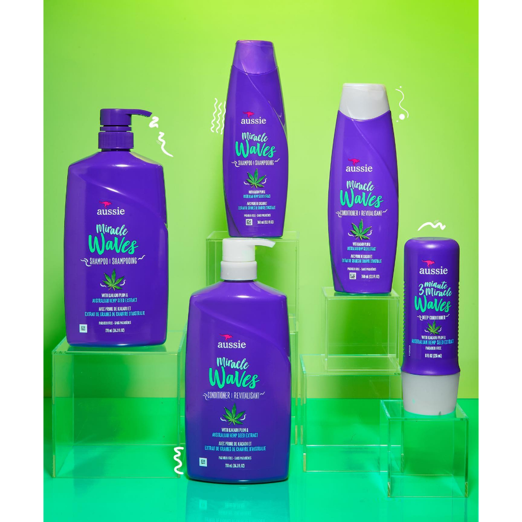 Bộ gội xả Aussie Miracle Waves Anti-Frizz cho tóc xoăn gợn sóng không chứa paraben 778ml/chai