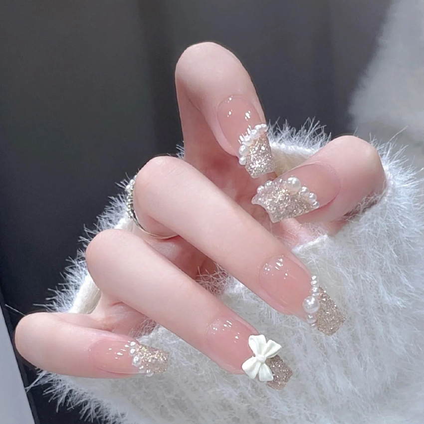 Bộ 24 móng tay giả đính nơ A19, móng tay giả đính ngọc trai sang chảnh, Nail cô dâu, Nail xinh Shyn House Nail