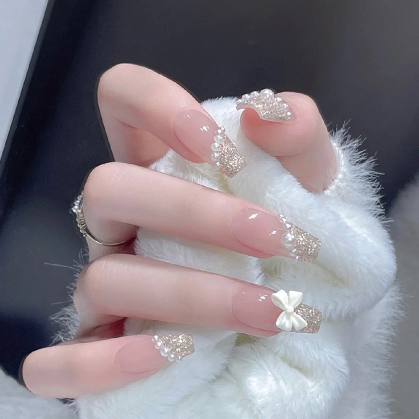 Bộ 24 móng tay giả đính nơ A19, móng tay giả đính ngọc trai sang chảnh, Nail cô dâu, Nail xinh Shyn House Nail