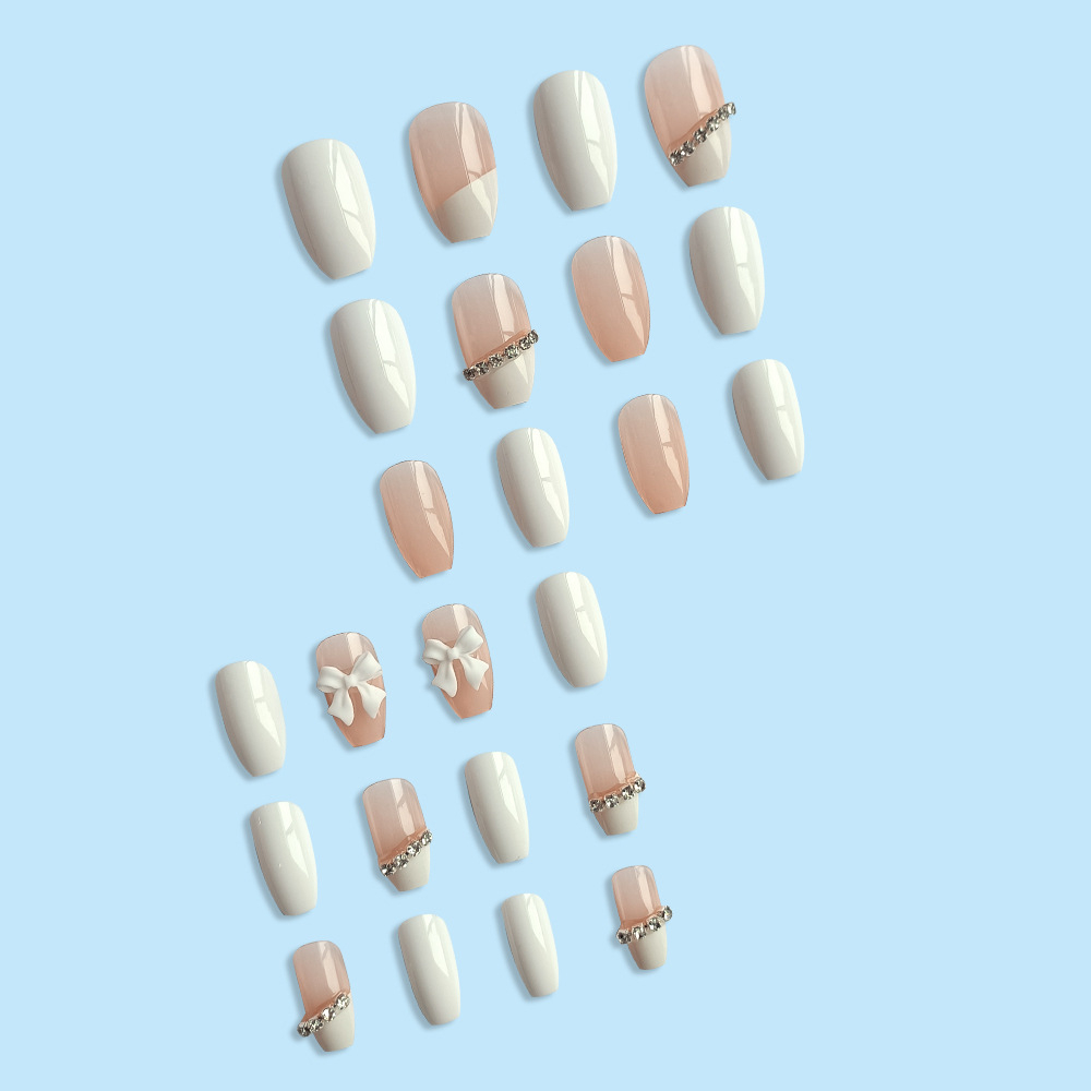 Móng tay giả đính đá màu trắng DP074, Nail box đính đá, Nail xinh