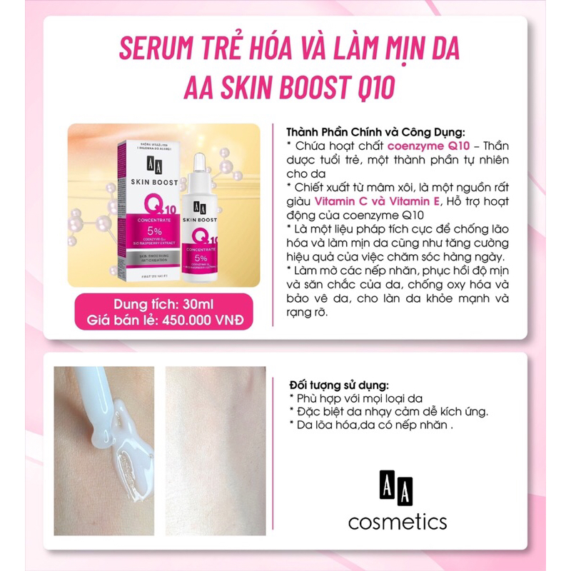 Serum Chống Lão Hoá và Làm mịn da Aa skin Boost Q10 của AA Cosmetics giúp trẻ hoá làn da.lọ 30ml