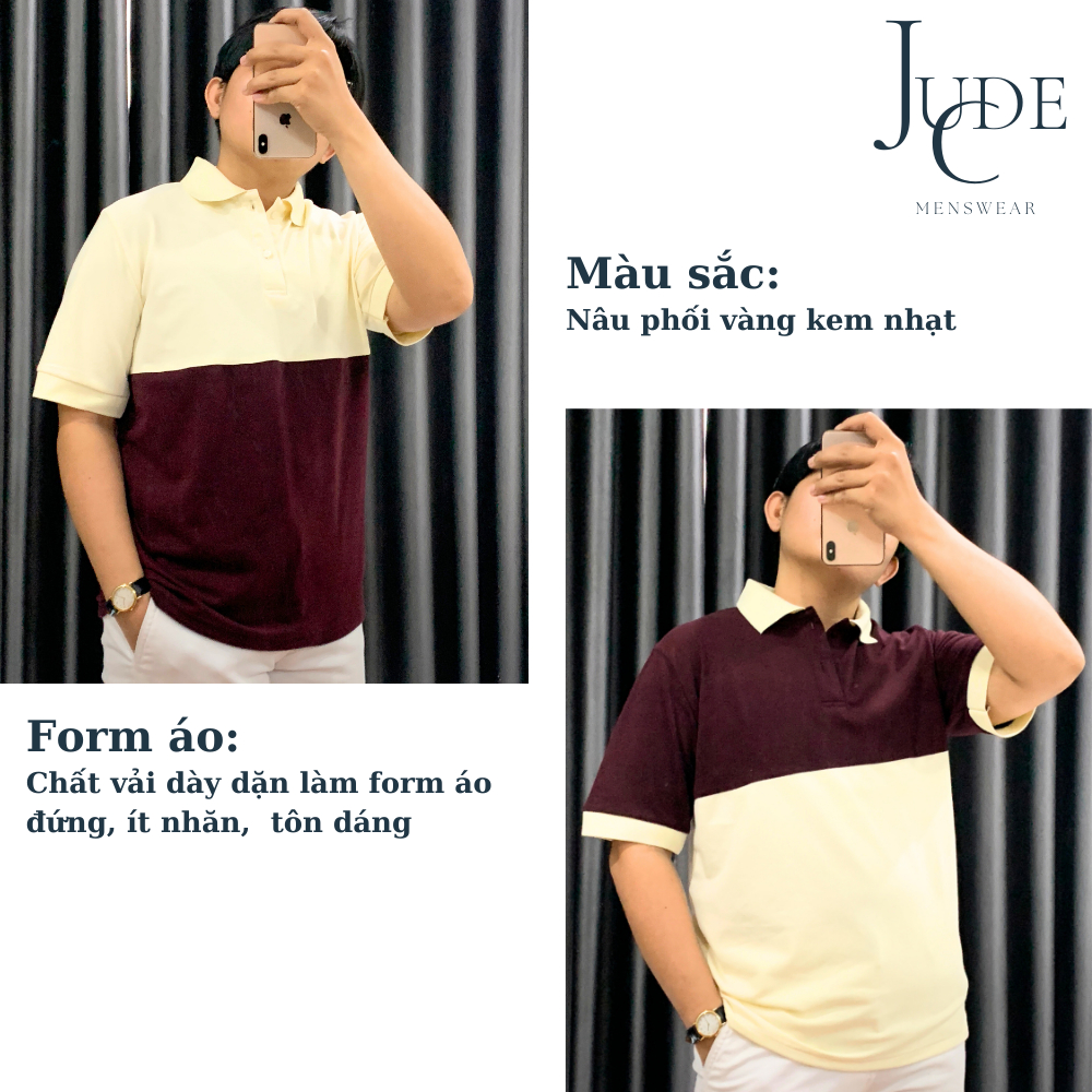 Áo Polo Unisex nâu phối vàng kem vải cá sấu cao cấp cotton, thoáng mát, thanh lịch, dày dặn - JudeC