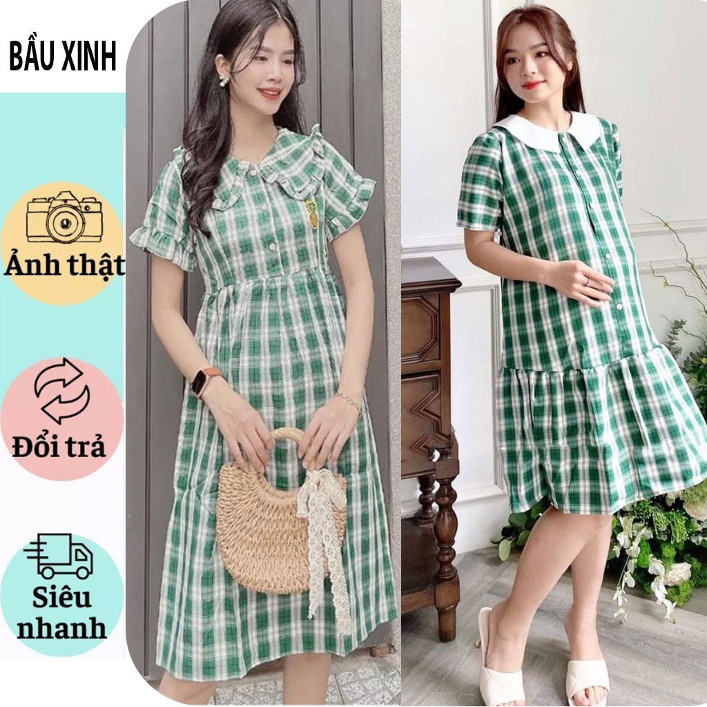 VÁY BẦU CÔNG SỞ MÙA HÈ-ĐẦM BẦU BABAYDOLL KẺ CARO PHỐ CỔ TRẮNG XINH XẮN VÁY BẦU BISIZE GIÁ RẺ