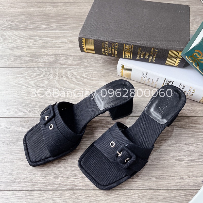 Dép gót 5cm sandal nữ 3COBANGIAY quai ngang hoạ tiết khoá nịt vải jeans đi chơi