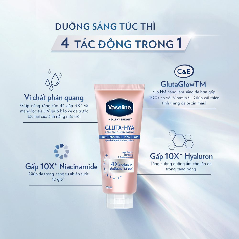 Sữa dưỡng thể dưỡng trắng da toàn thân Vaseline 4x Healthy Bright Gluta Hya Niacinamide Tone Up 300ml