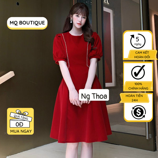 Váy nhung công sở dự tiệc nữ dáng xèo tay bồng cổ tròn phối hạt sang trọng , đầm nhung thiết kế MQ Boutique cao cấp
