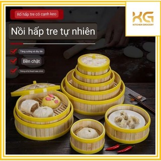 Xửng hấp tre Dimsum, hấp bánh bao há cảo viền nhựa vàng