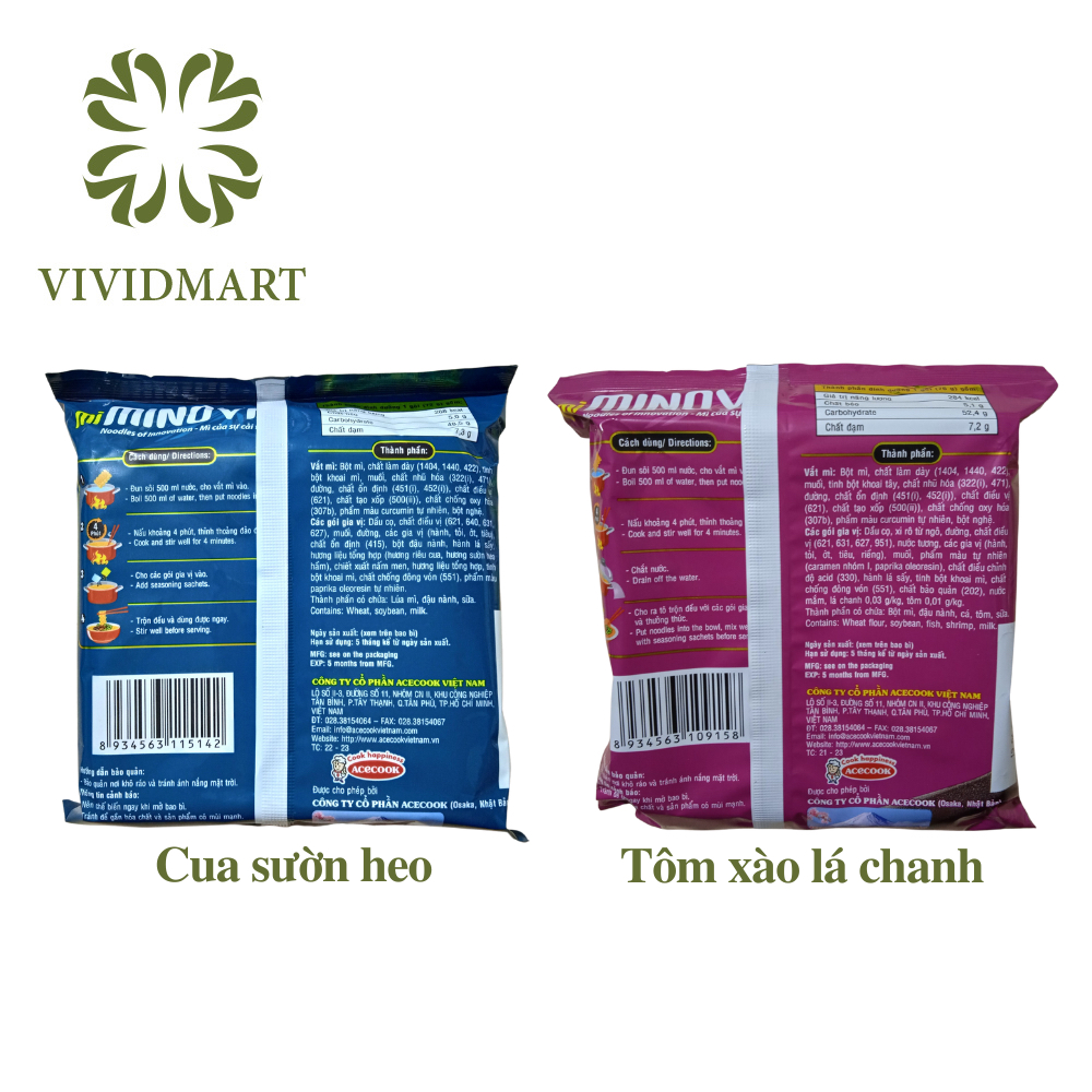 - ACECOOK - MINOVA Mì không chiên 2 vị: hương vị cua sườn heo và hương vị tôm xào lá chanh