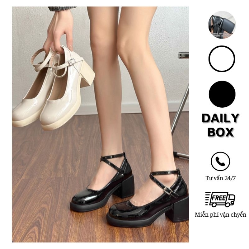 Giày Cao Gót Nữ Mary Jane Búp Bê Lolita Mũi Vuông Dây Quai Kiểu Chéo