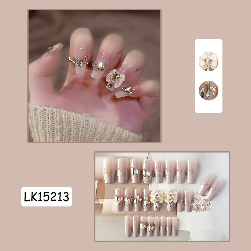 Móng tay giả đính đá, đính nơ sang trọng LK15213, Bộ 24 móng giả dài nhọn, Nailbox cô dâu Shyn House Nail