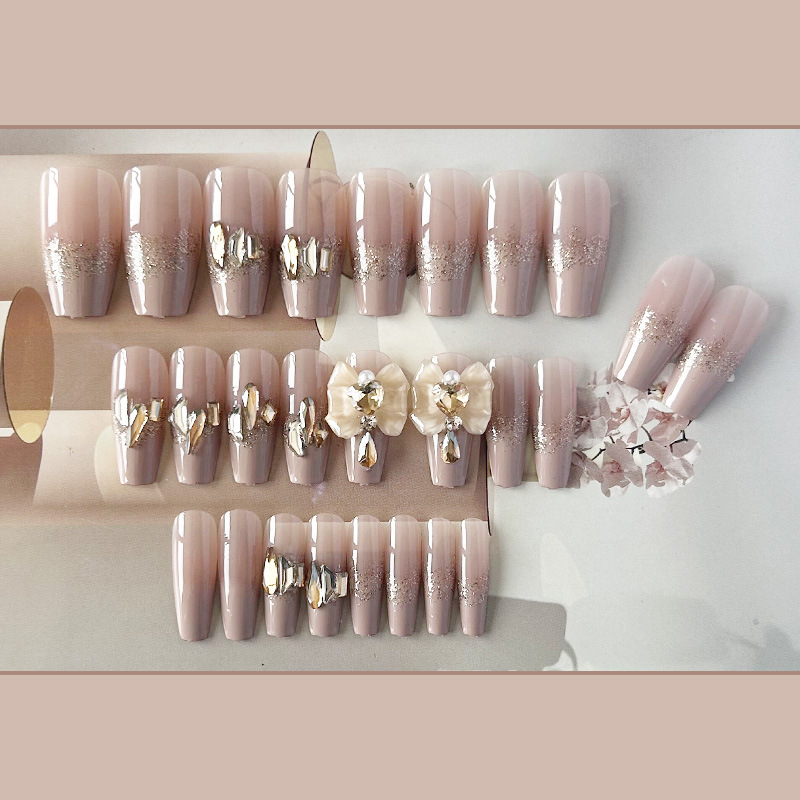 Móng tay giả đính đá, đính nơ sang trọng LK15213, Bộ 24 móng giả dài nhọn, Nailbox cô dâu Shyn House Nail