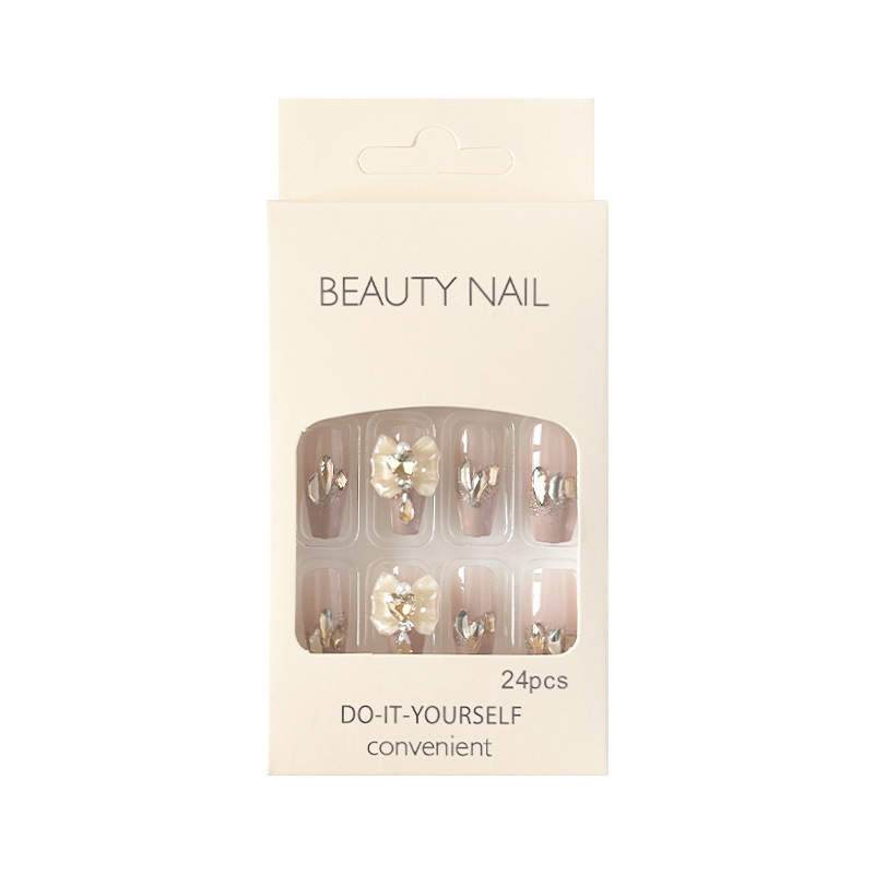 Móng tay giả đính đá, đính nơ sang trọng LK15213, Bộ 24 móng giả dài nhọn, Nailbox cô dâu Shyn House Nail