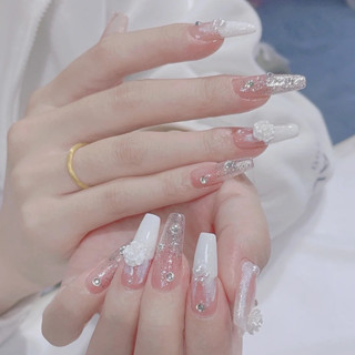  Nail box cô dâu Móng tay giả đính đá màu trắng Móng giả dài nhọn đính nơ đính hoa Nailbox thiết kế sang chảnh 