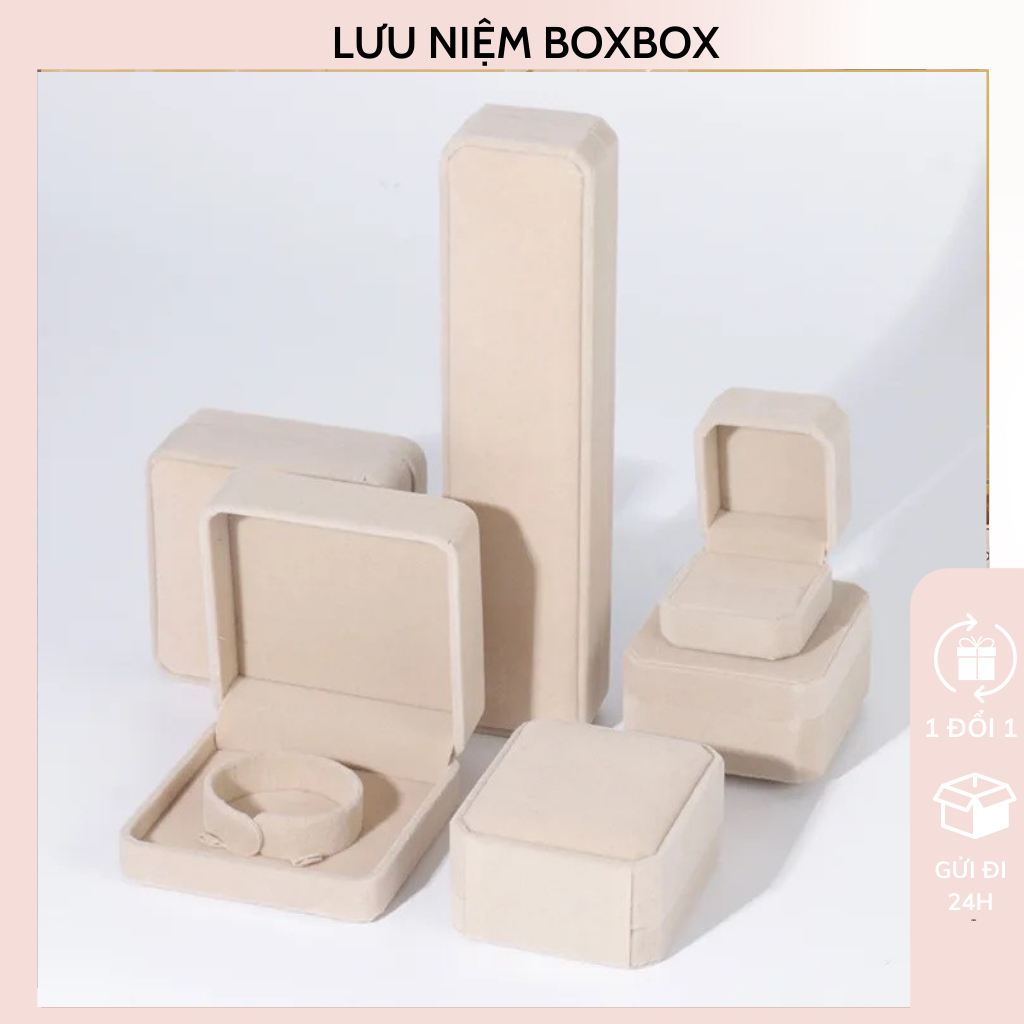 Hộp Quà Nhung Be Đựng Trang Sức Nhẫn Cầu Hôn Bông Tai Vòng Cổ Đẹp Cao Cấp BoxBox