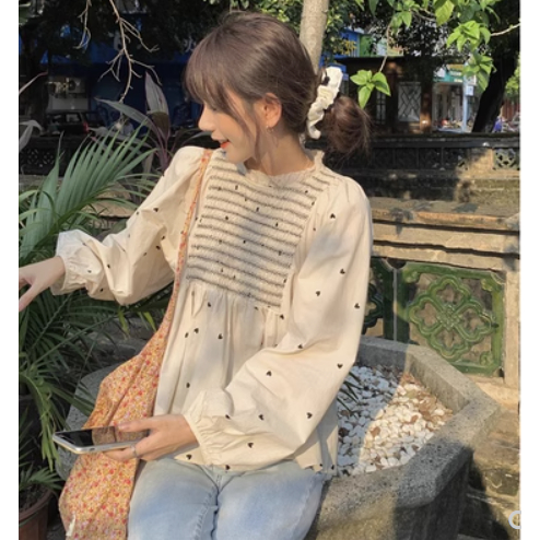 Áo Sơ Mi Nữ Dài Tay Cổ Đứng Thiết Kế Dáng Babydoll Nhẹ Nhàng Phong Cách Hàn Quốc
