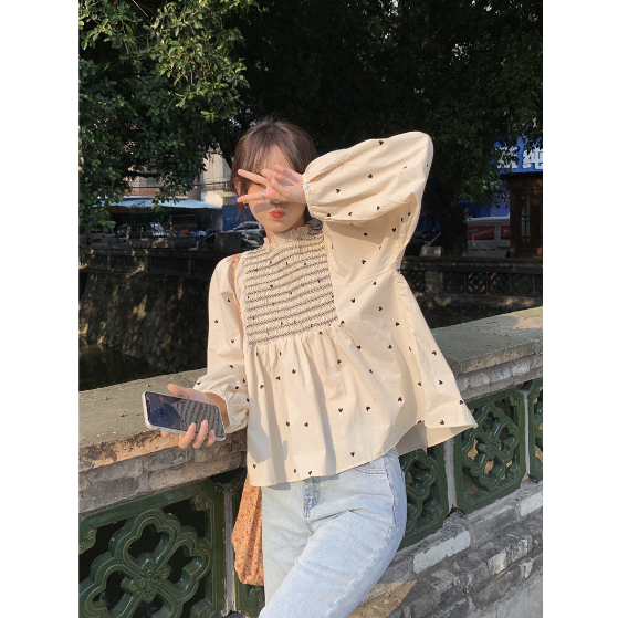 Áo Sơ Mi Nữ Dài Tay Cổ Đứng Thiết Kế Dáng Babydoll Nhẹ Nhàng Phong Cách Hàn Quốc