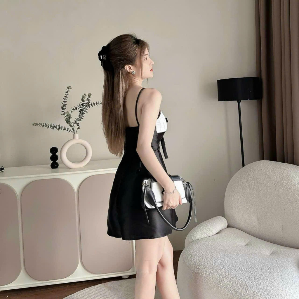 [HotHit] Đầm 2 Dây Xếp Ly Phối Nơ Ngực