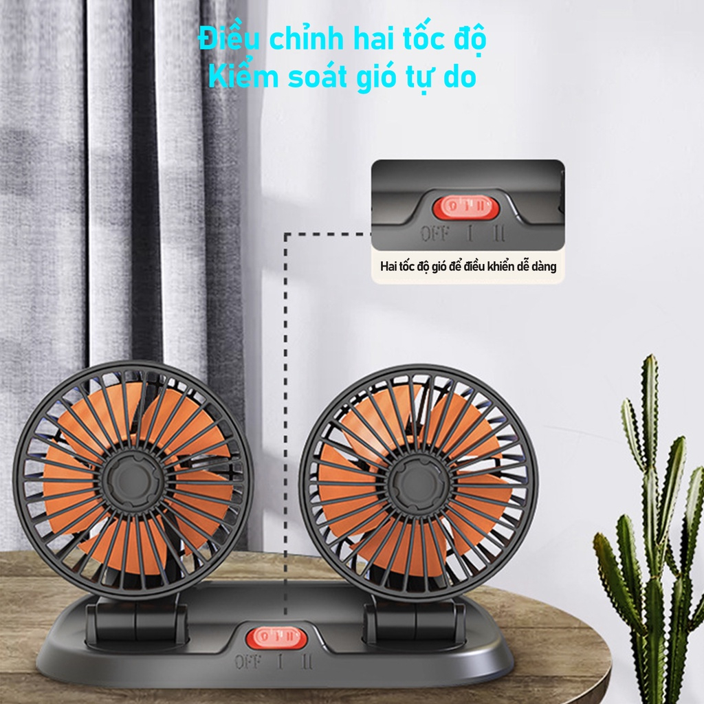 Quạt ô tô 12v, quạt đôi trên xe hơi 5-12v đầu tẩu và usb xoay 360 cho xe tải, xe con