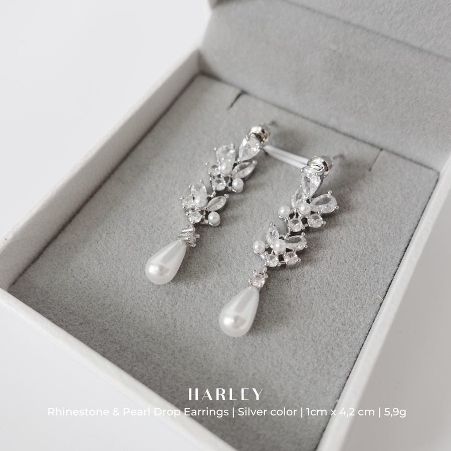 Bông tai, khuyên tai nữ đi tiệc ✨dáng dài đính hạt✨ và đá màu bạc, phong cách sang trọng, thanh lịch, 💕Harley Jewelry💕