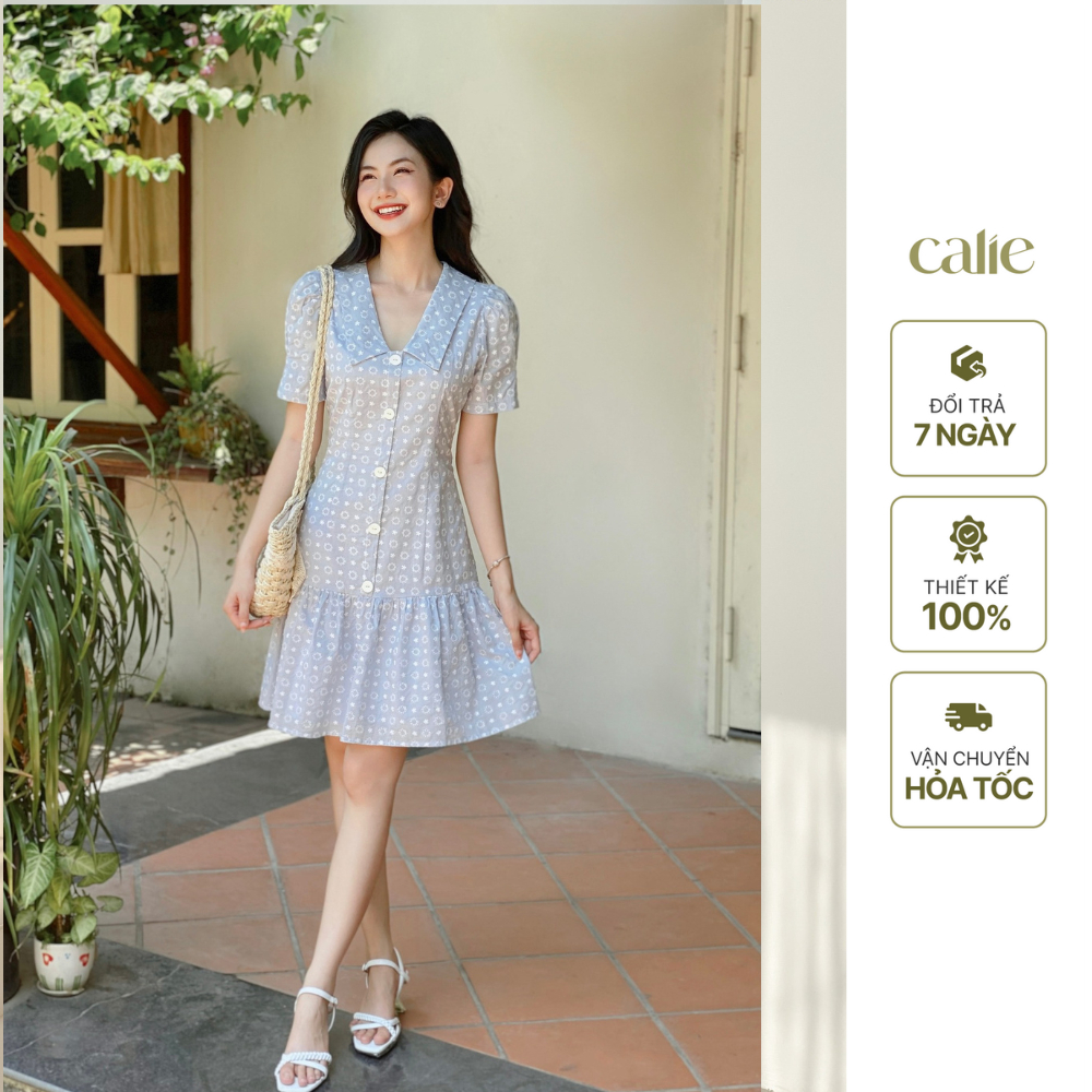 Váy dáng xòe thiết kế đuôi cá cổ V tay ngắn tôn dáng, chất liệu thô boi Calie VX126