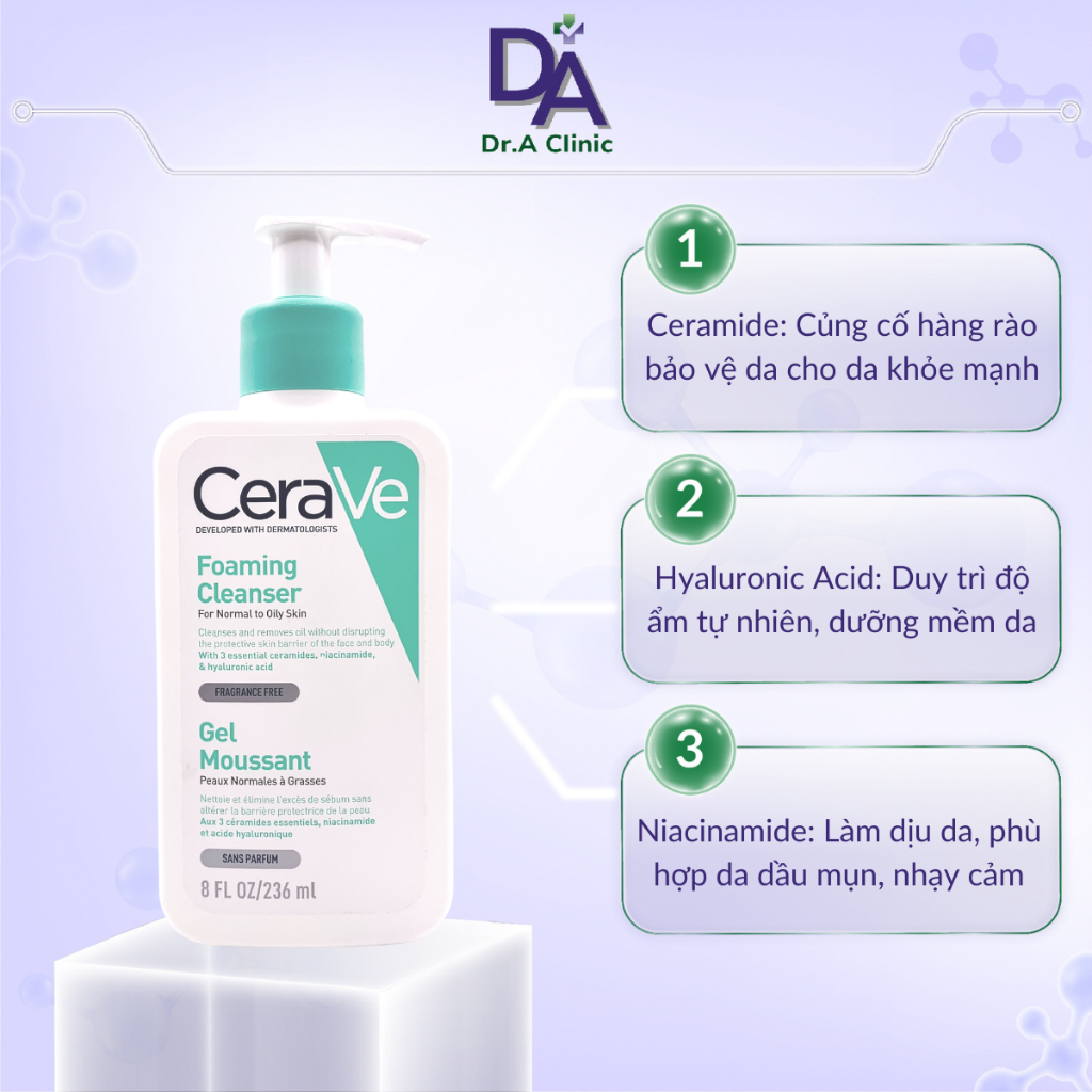 Sữa rửa mặt cho da dầu mụn nhạy cảm Cerave chính hãng Dr.A dòng Foaming Cleanser làm sạch sâu, kiềm dầu tốt